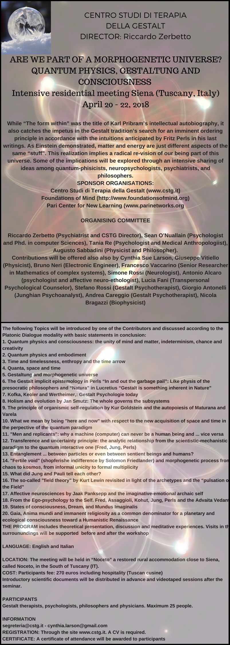Full flyer for Intensive Residential Meeting: Are We Part of a Morphogenic Universe? -- Tuscany, Italy April 20-22, 2018